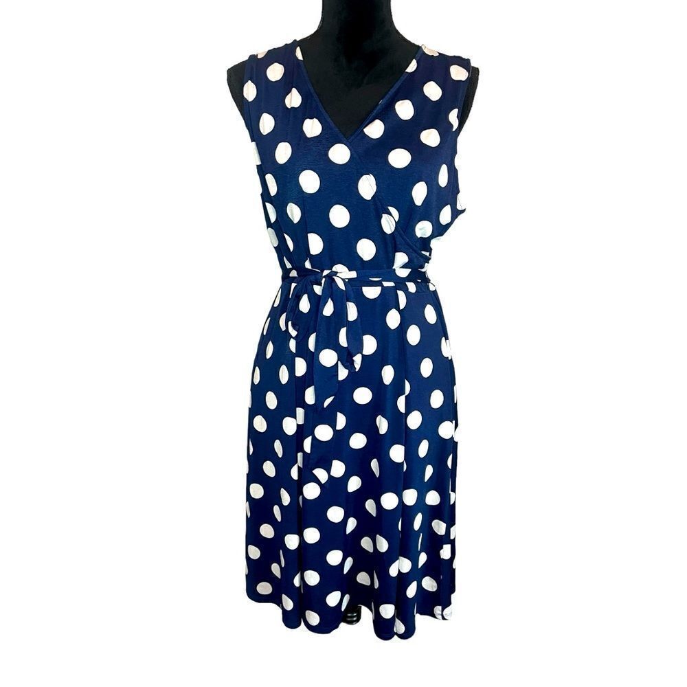 41 HAWTHORNE NAVY POLKA DOT SLEEVELESS FAUX WRAP DRESS WOMENS SIZE XL